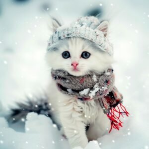 Fluffy white kitten wearing a hat and scarf in the snow, possibly a ragdoll