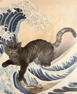 Japanese-style painting of a black cat riding a wave, possibly a bengal mix
