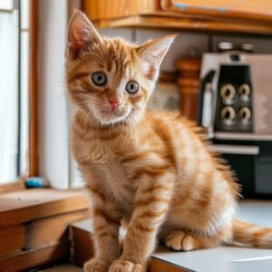 Orange tabby kitten with blue eyes sitting on a kitchen counter
