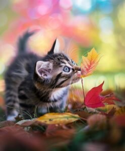 A curious kitten sniffs a colorful autumn leaf in a vibrant outdoor setting