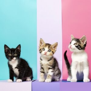 Three adorable kittens of various colors sit in front of colorful backgrounds