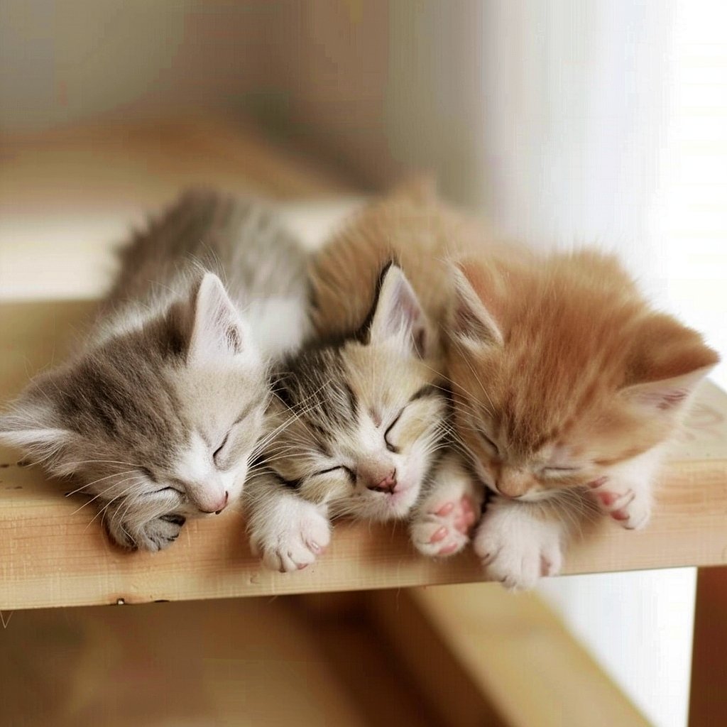 Three sleeping kittens, possibly persian or similar breed, snuggled together on wood