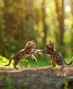 Two playful bengal kittens pawing at each other in a sunlit forest clearing