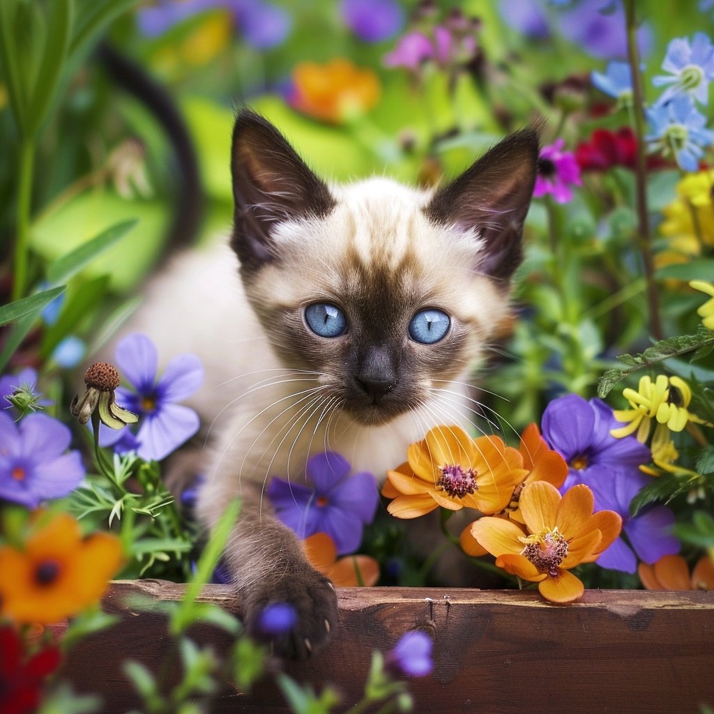 Siamese kitten with bright blue eyes surrounded by colorful flowers