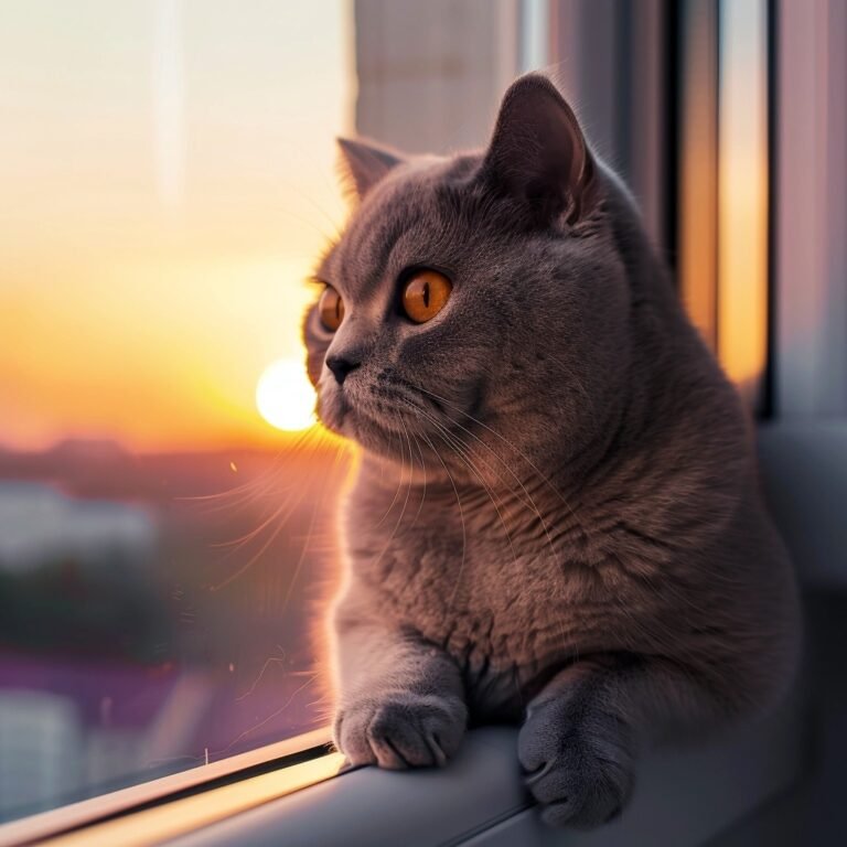 Gray cat with orange eyes looking out a window at sunset
