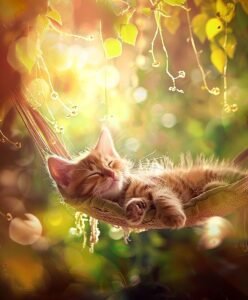 Orange kitten sleeping peacefully in a hammock, surrounded by sunlight and leaves