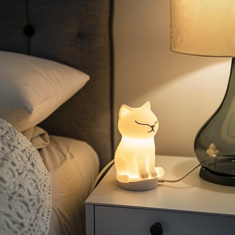 Glowing cat-shaped night light on a bedside table, next to a bed