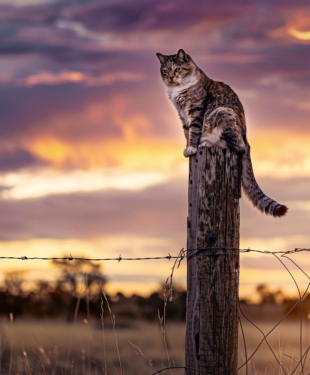 Cat perched on a wooden post with a sunset sky background