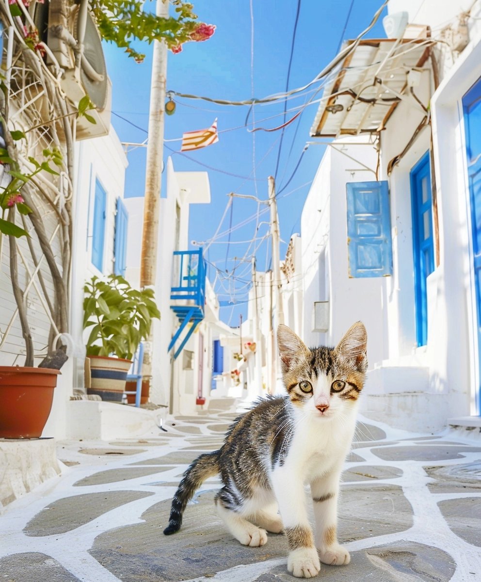 A kitten sits on a cobblestone street in a Greek village