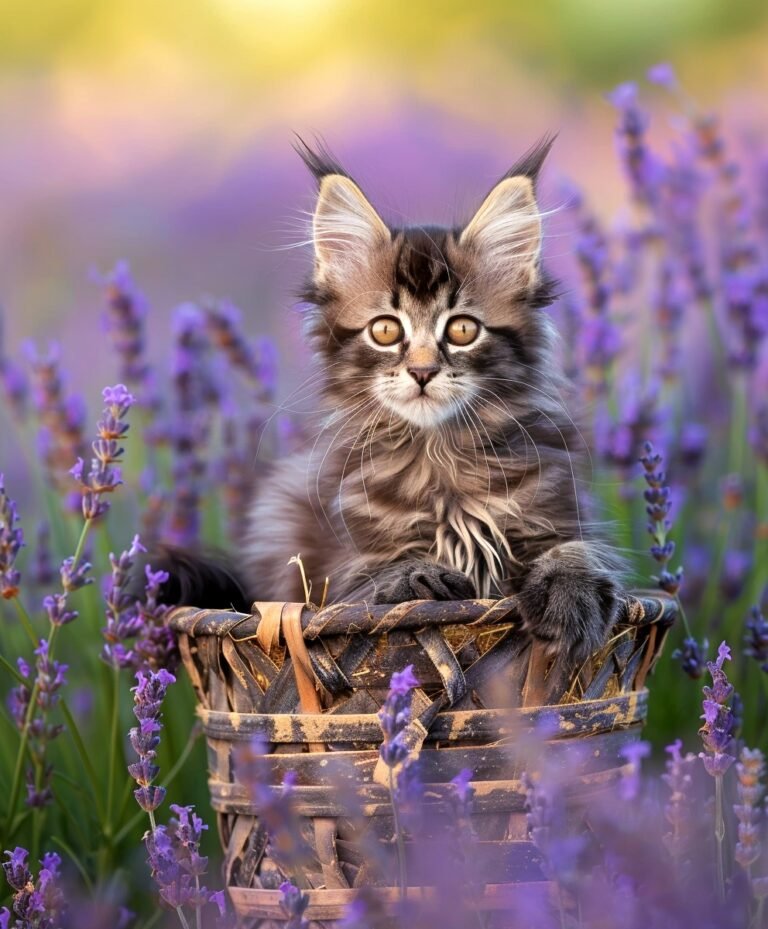 Fluffy kitten in a basket surrounded by purple lavender flowers
