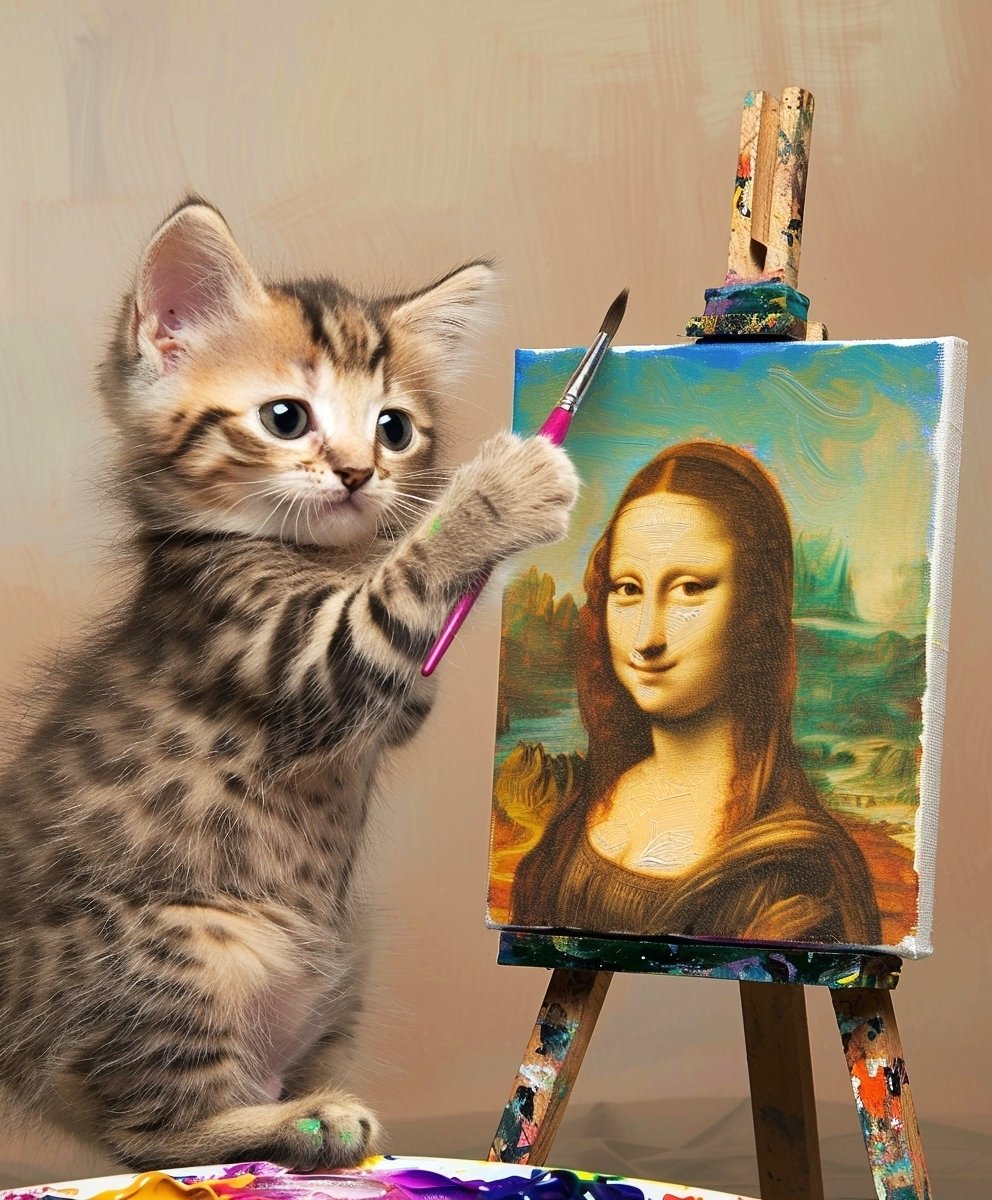 A kitten paints the Mona Lisa on a small easel with a paintbrush