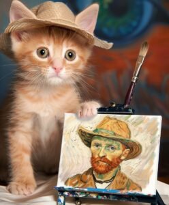 Orange kitten wearing a hat, posing with a painting of Van Gogh