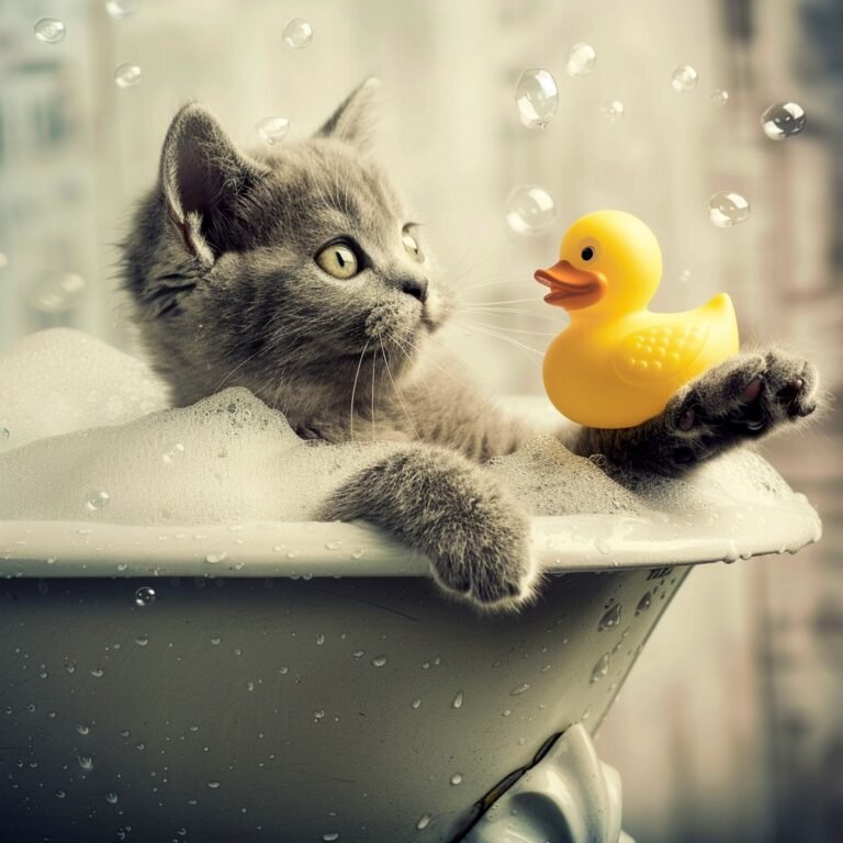 A gray kitten taking a bath with a yellow rubber ducky