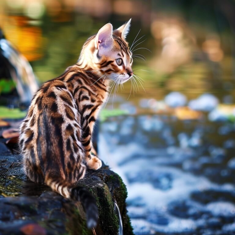 A Bengal cat with distinctive markings sits near a body of water