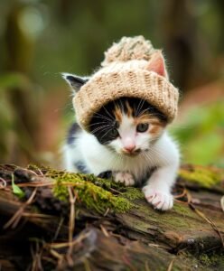Calico kitten wearing a knit hat, perched on a mossy log