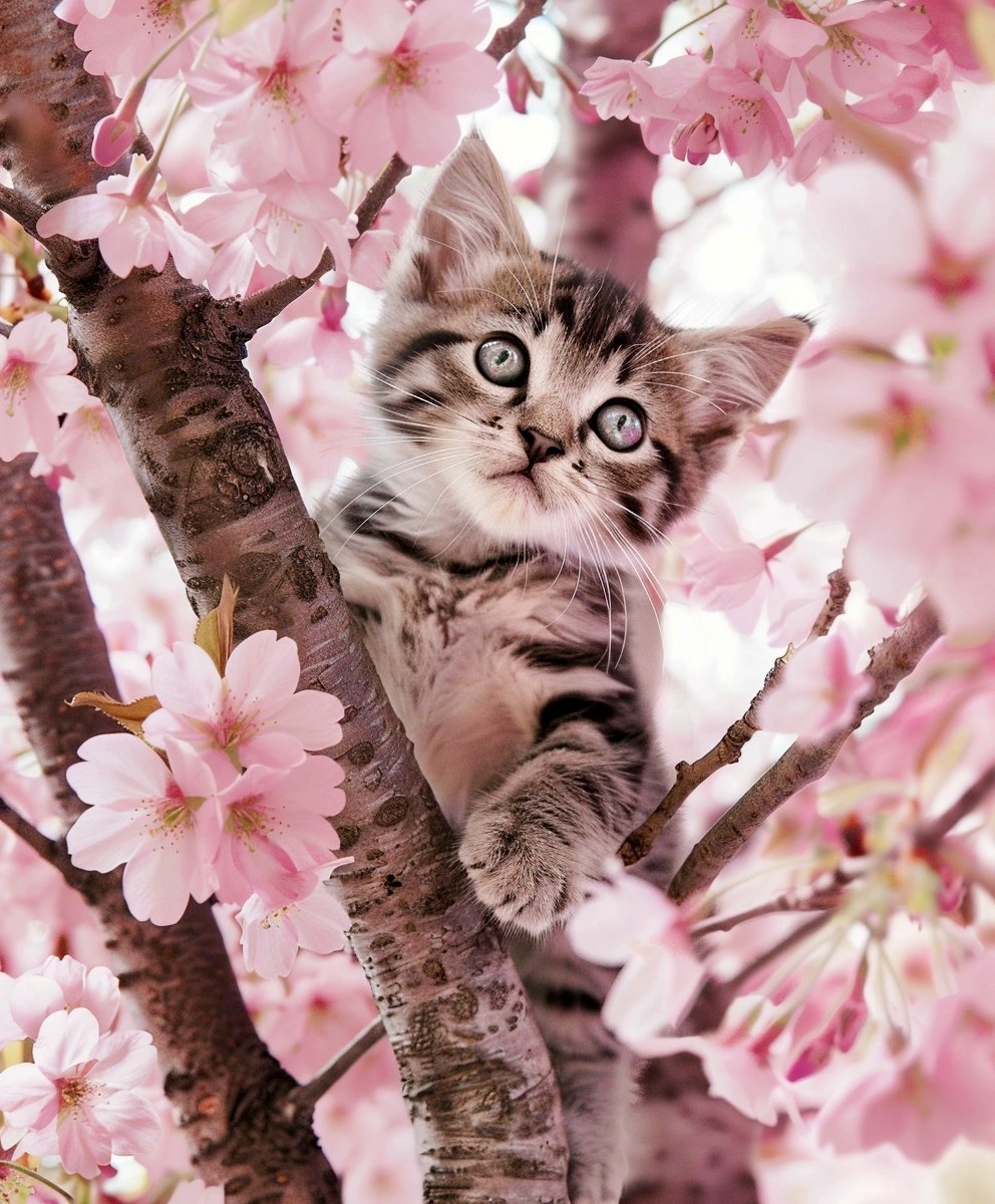 A tabby kitten perched in a flowering cherry blossom tree, looking up