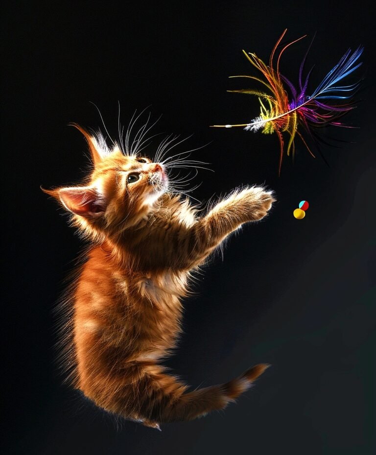 Orange kitten reaching for a colorful feather against a black background
