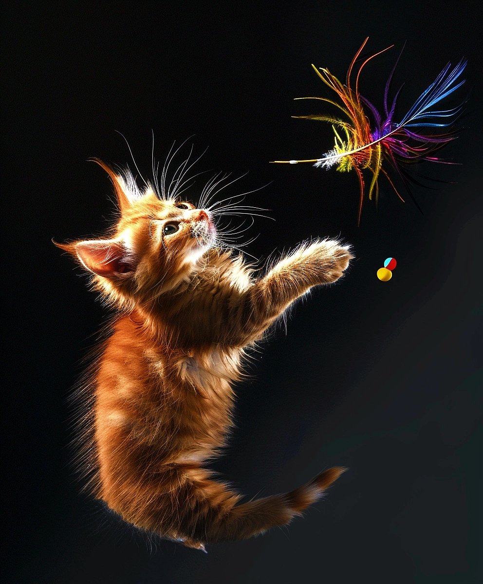 Orange kitten reaching for a colorful feather against a black background