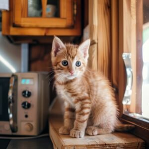 Orange tabby kitten with big blue eyes sitting on a wooden ledge