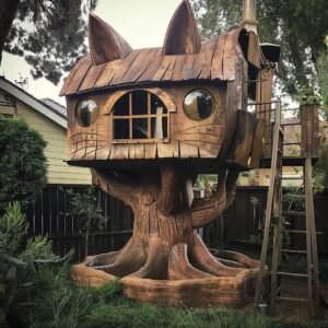 Whimsical cat-shaped treehouse with large round windows and a ladder