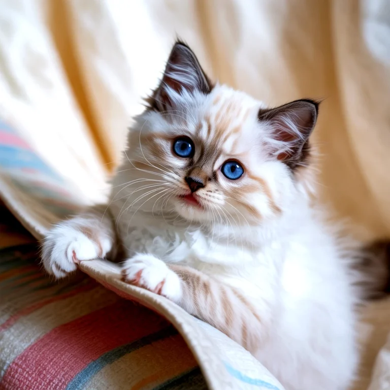 A beautiful ragdoll kitten with striking blue eyes and soft, fluffy fur