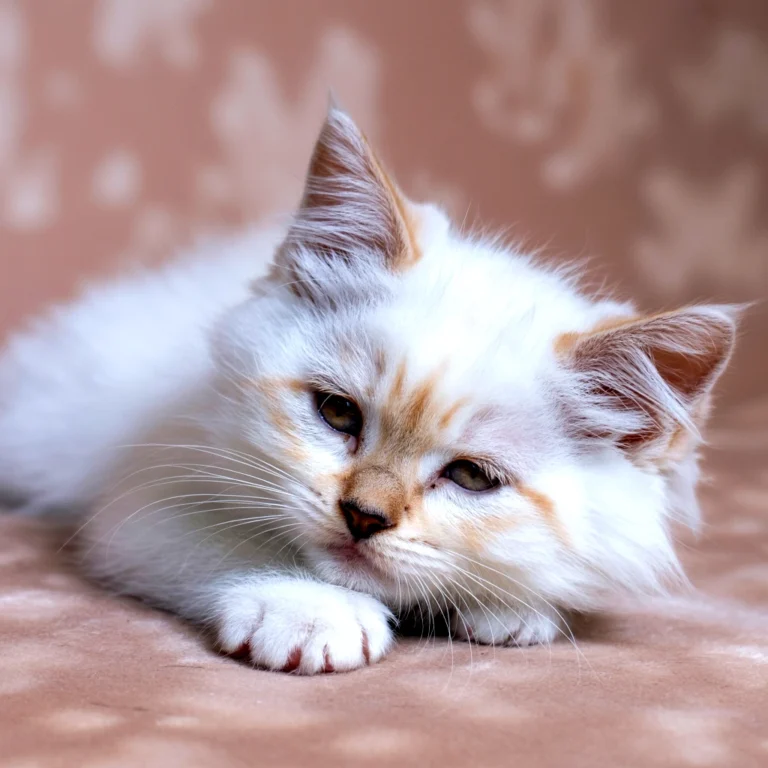A birman kitten with blue eyes resting on a soft, peach-colored surface