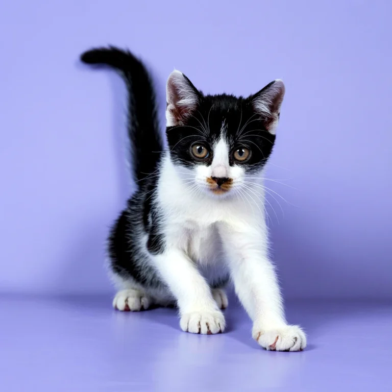 A black and white kitten with a playful pose on a purple background