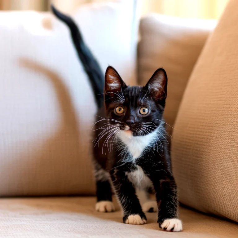 A black and white tuxedo kitten stands on a beige couch, looking forward