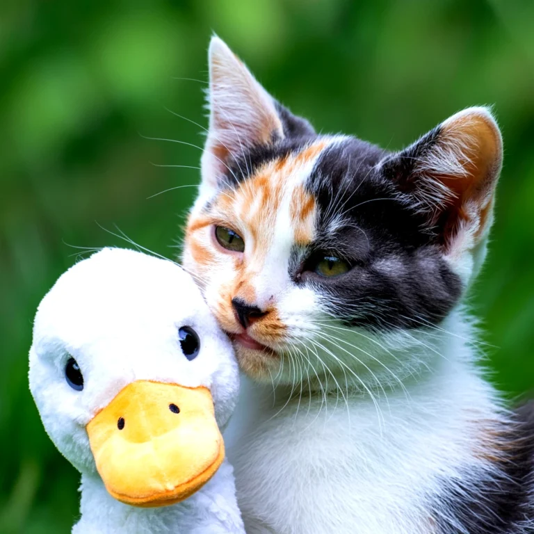 A calico cat cuddling a stuffed duck toy against a blurred green background