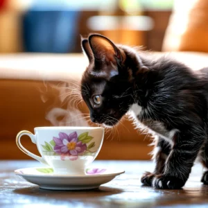 A curious black kitten sniffing a steaming teacup on a wooden surface