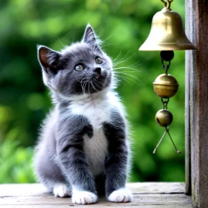 A curious gray and white kitten looking up at a brass bell on a wooden surface