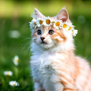 A fluffy orange and white kitten wearing a daisy flower crown in a field