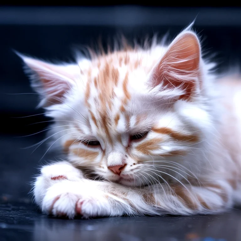A fluffy, sleeping kitten, likely a maine coon mix, with orange and white fur
