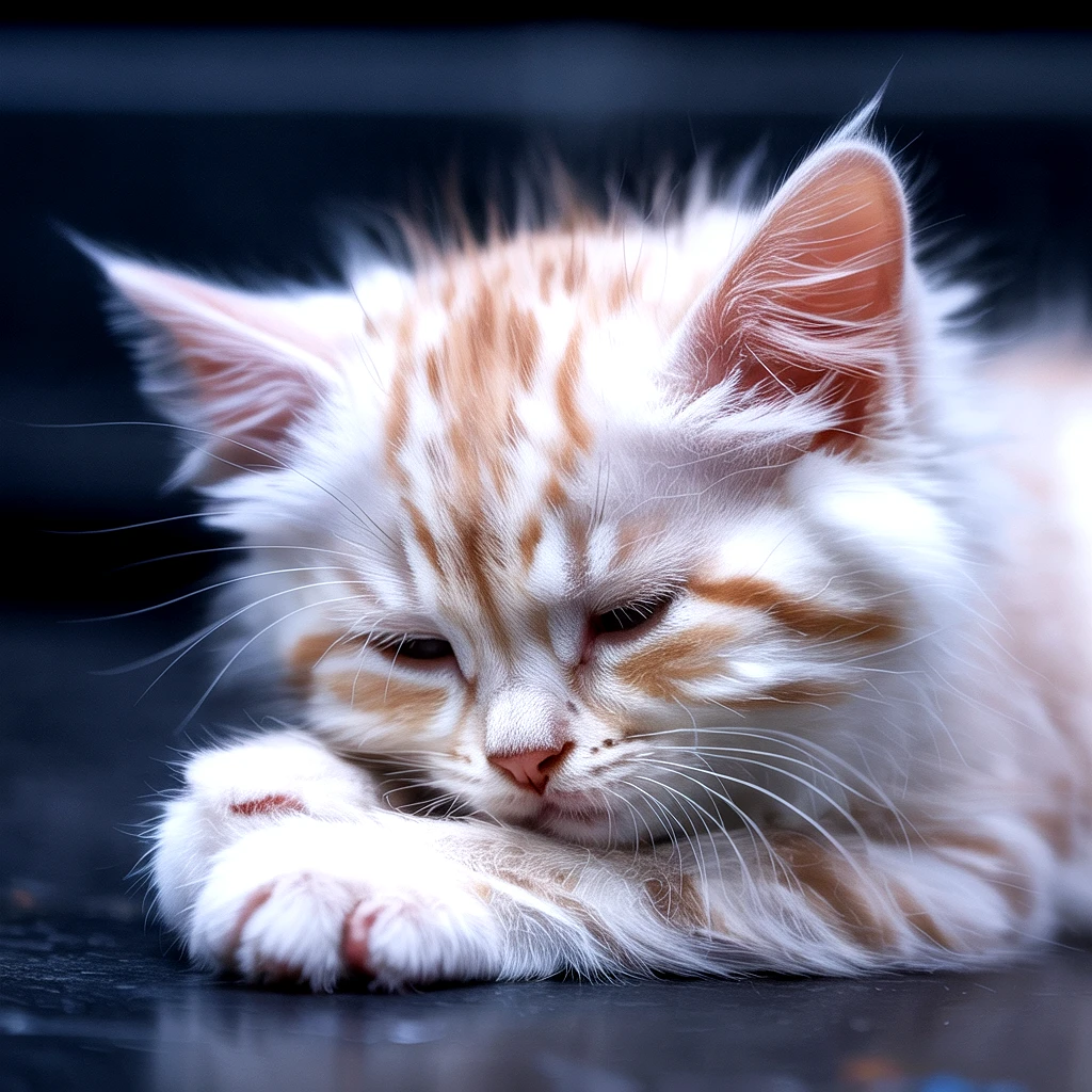 A fluffy, sleeping kitten, likely a maine coon mix, with orange and white fur