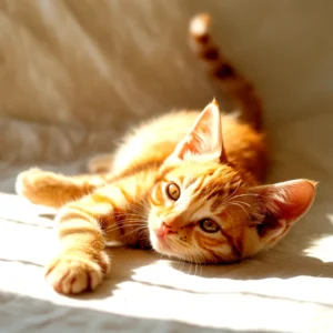 A ginger tabby kitten basking in sunlight, relaxed and content