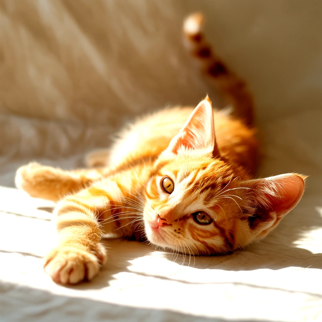 A ginger tabby kitten basking in sunlight, relaxed and content