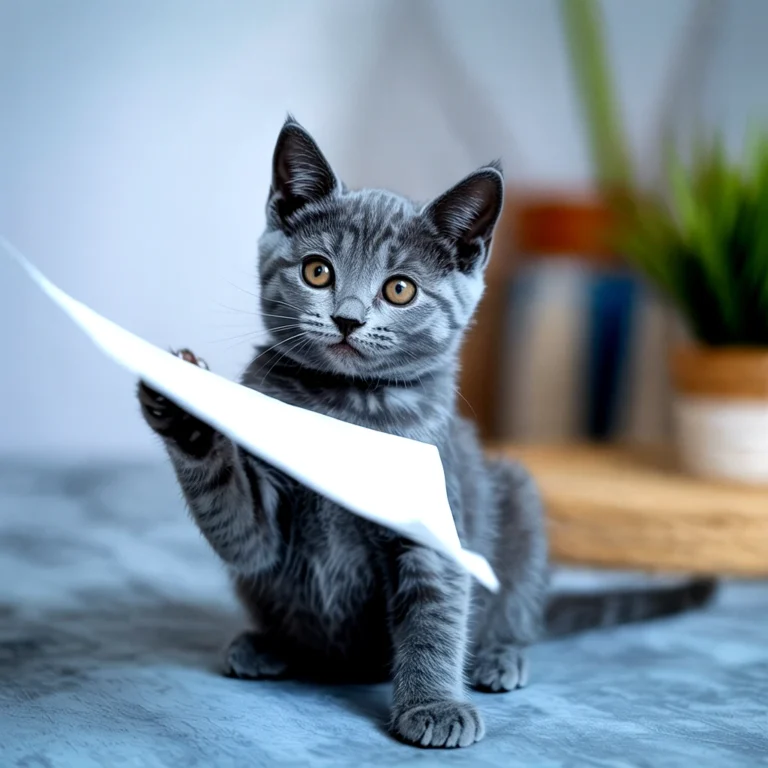 A gray british shorthair kitten plays with a piece of paper on a surface