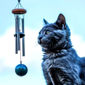 A gray cat gazing at a wind chime against a clear blue sky