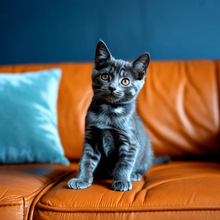 A grey tabby kitten with yellow eyes sits on an orange leather couch