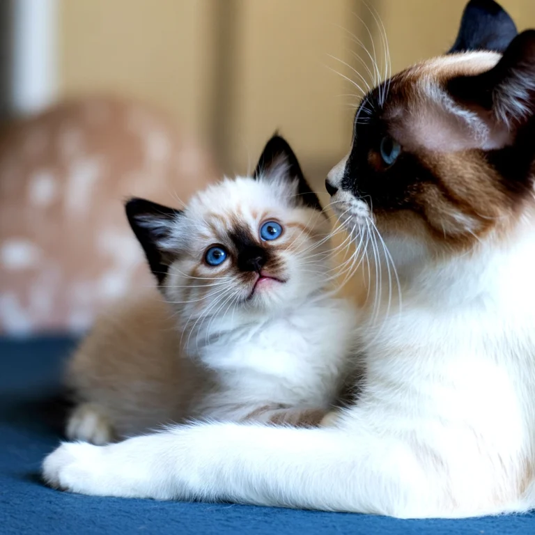 A mother and kitten, likely ragdolls, with striking blue eyes, cuddling together