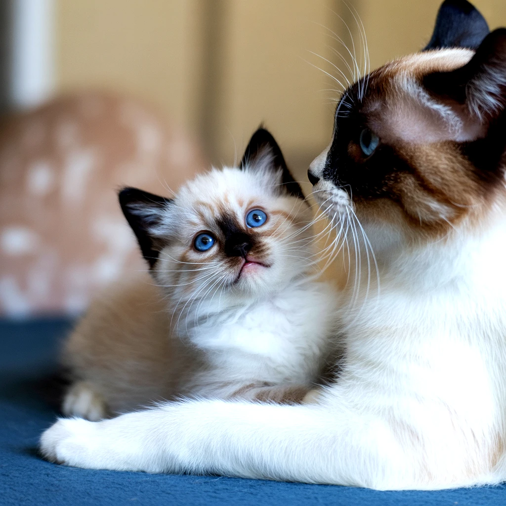 A mother and kitten, likely ragdolls, with striking blue eyes, cuddling together
