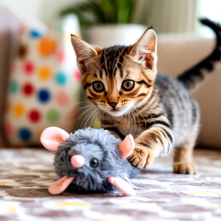 A playful bengal kitten batting at a plush toy mouse on a patterned surface