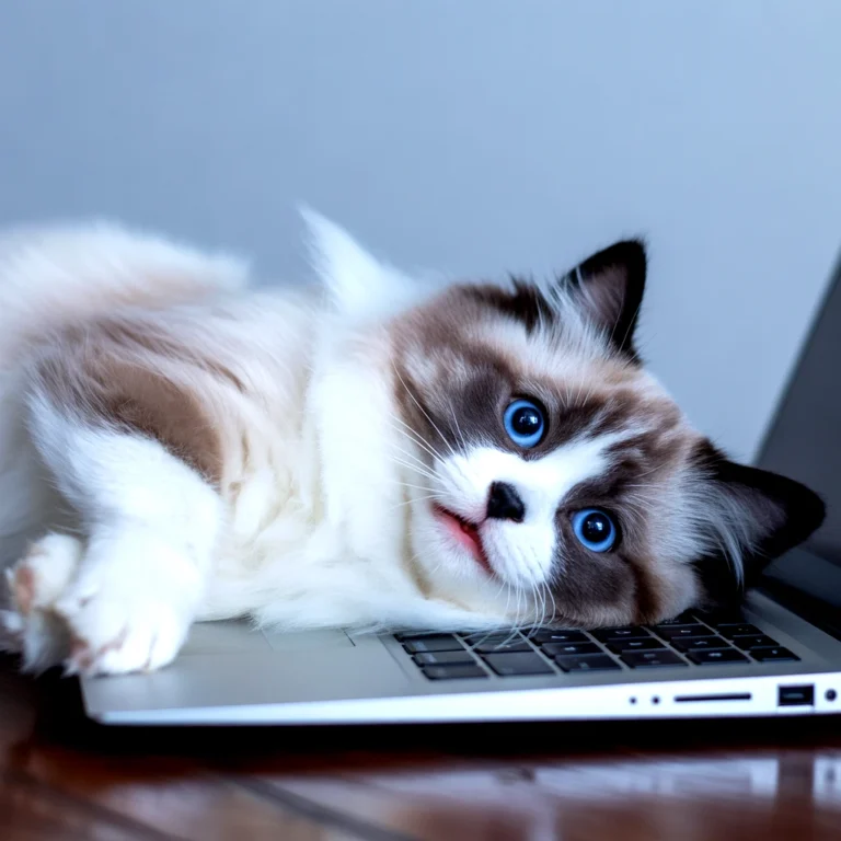A ragdoll cat with striking blue eyes rests on a laptop keyboard
