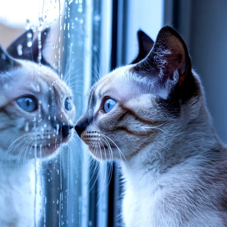 A siamese cat gazing at its reflection in a rain-streaked window