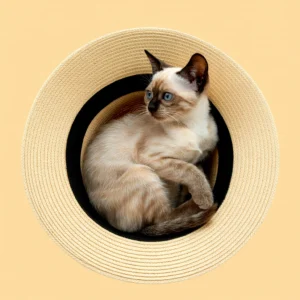 A siamese cat resting inside a straw hat, looking to the side