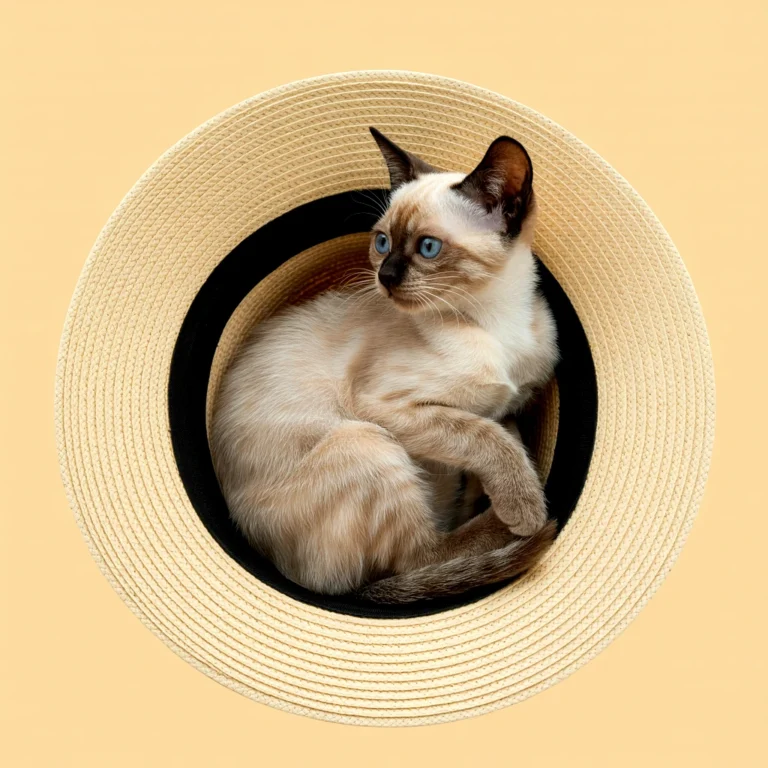 A siamese cat resting inside a straw hat, looking to the side