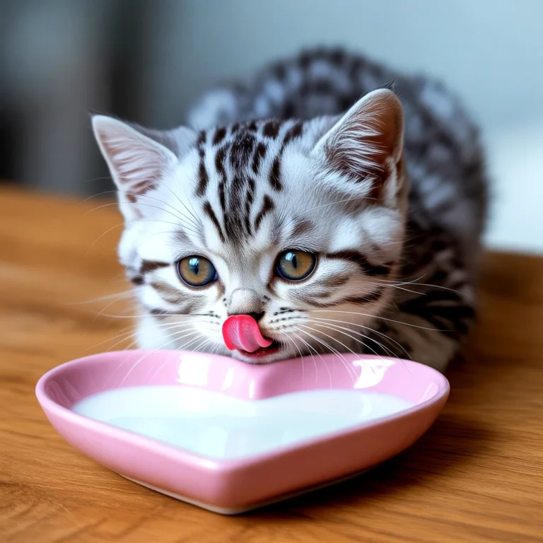A silver tabby kitten licking its lips near a heart-shaped bowl of milk