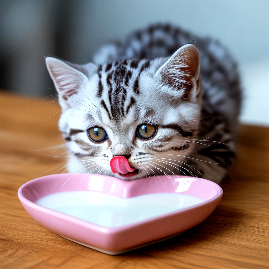 A silver tabby kitten licking its lips near a heart-shaped bowl of milk