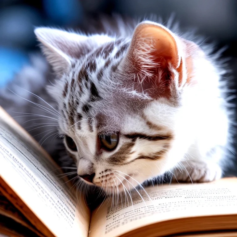 A silver tabby kitten reading a book, close-up shot, focused on the cat