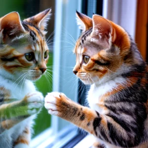 A tabby kitten looking at its reflection in a window, paws touching